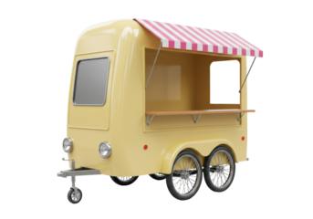 Isolated yellow food trailer on wheels with striped canopy, side view, vendor vehicle