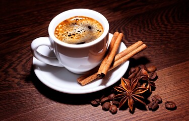 Hot espresso coffee with cinnamon sticks and star anise
