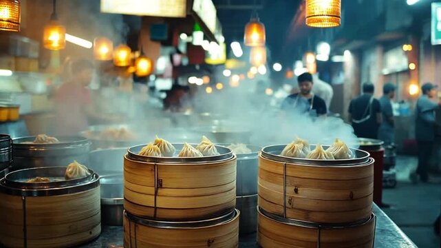 Night market food stall, steaming dumplings, bustling scene