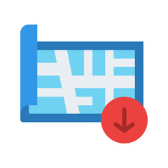 Flat Vector Map Icon With Red Download Arrow Symbol On A Transparent Background Representing Navigation And Location Data Download