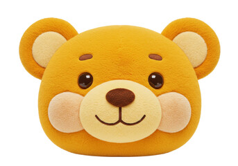 Isolated golden teddy bear plush head, stuffed toy with cute eyes and smile, soft and cuddly