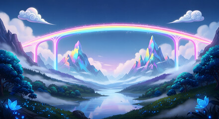 A vibrant and magical rainbow bridge spans across a fantasy landscape.