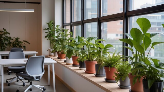 Modern office with biophilic design, large windows, natural light, and abundant potted plants. Green zones enhance productivity, comfort, and a healthy inspiring workspace