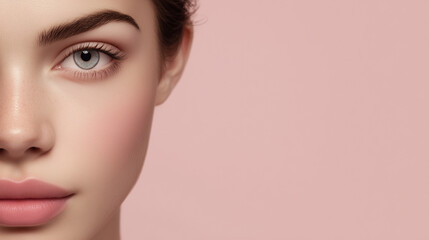 Naklejka premium Closeup portrait of half face of a young woman with flawless skin, soft natural makeup, defined eyebrow and clear eye on pastel pink background, beauty and skincare concept.