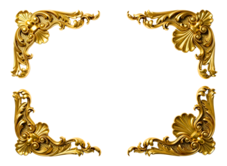 Four ornate golden decorative corner elements isolated on transparent background
