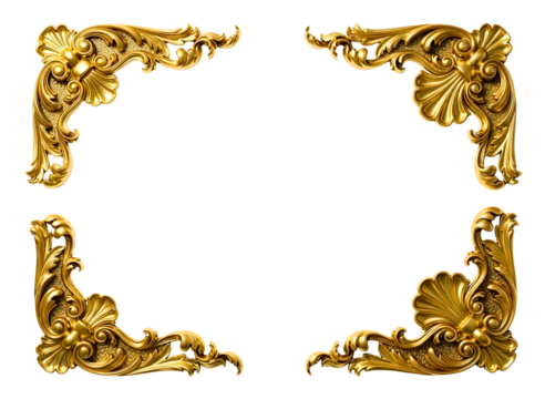 Four ornate golden decorative corner elements isolated on transparent background