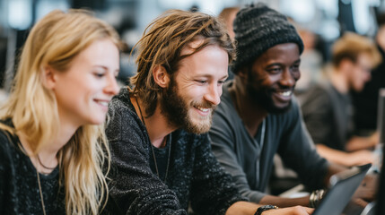 Obraz premium Creative Marketing Team Collaborating on Digital Strategy in Modern Office
