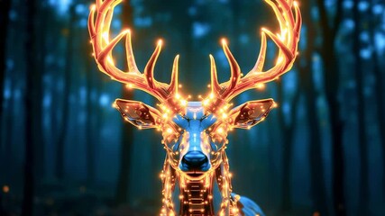 A digital deer portrait with glowing, structured antlers and body, set against a blurred forest backdrop - Powered by Adobe