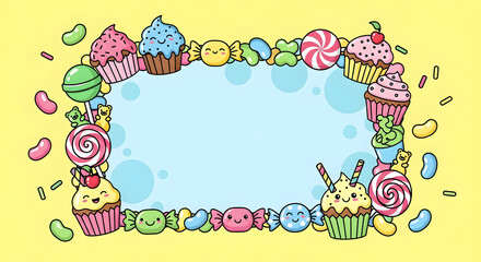 Fototapeta premium Adorable sweet treats frame with cute kawaii candies and cakes.