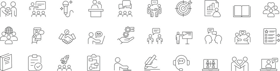  Training icon set with editable line style, featuring coaching, workshop, education, seminar, advice, support, learning, webinar, skills, and business elements. Modern thin linear vector illustration