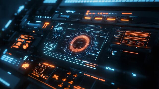 Futuristic user interface displaying digital data on glowing screen - Powered by Adobe