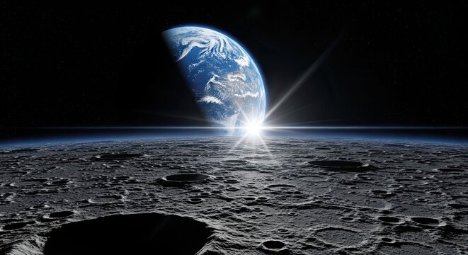 Sunrise Over Earth From Lunar Surface Beautiful Space View
