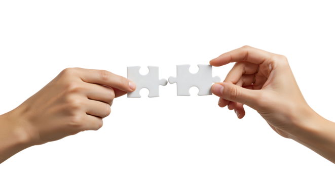 Hands connect puzzle pieces symbolizing teamwork collaboration strategy and problem solving achievement.