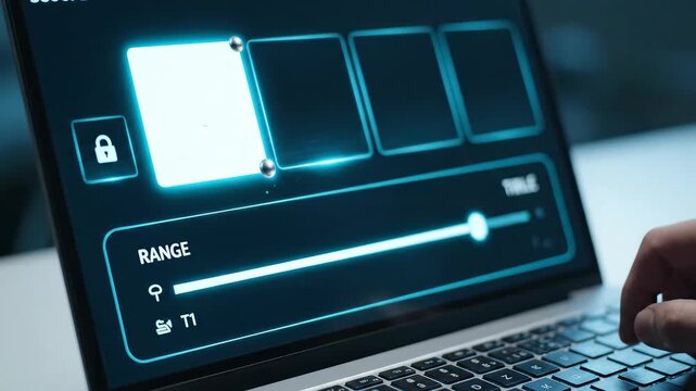 Zero-Trust Access (Least Privilege): a bold range slider jog dims a wall of app tiles, leaving one target padlocked and bright; glass lines and mint cues clarify scoped access for any audience, any si