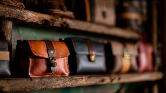 Medium shot of limited edition leather handbags displayed on rustic wooden shelves with one piece in sharp focus and the surrounding bags softly blurred for emphasis.