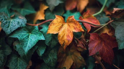 Vibrant Autumn Leaves with Green Ivy Threads in Natural Setting