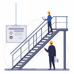 Two engineers in hard hats on industrial stairs with control panel.