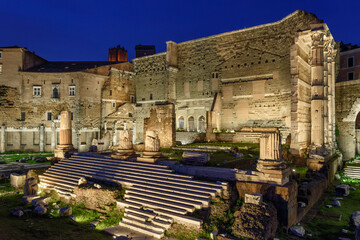 Forum of Augustus Illuminated at Night in Rome, Italy