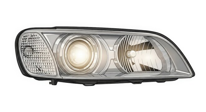 A modern composite car headlight assembly with multiple bulbs and reflectors, isolated against a plain white background.