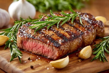 Grilled ribeye steak resting on wooden cutting board with garlic cloves and rosemary sprigs