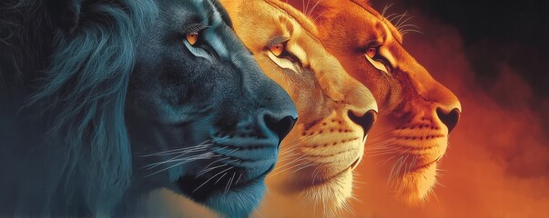 Three stylized lions in profile against a colorful background.