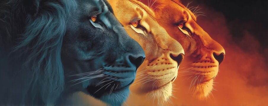 Three stylized lions in profile against a colorful background.