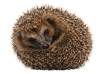 Isolated curled up hedgehog, close-up portrait of cute wild spiny mammal, adorable animal
