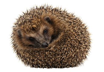 Isolated curled up hedgehog, close-up portrait of cute wild spiny mammal, adorable animal