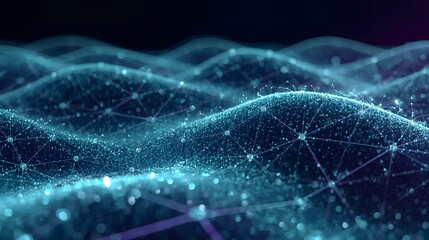 A glowing blue mesh of interconnected nodes and lines undulates like a wave across a dark background, symbolizing data flow, neural networks, and futuristic digital communication.