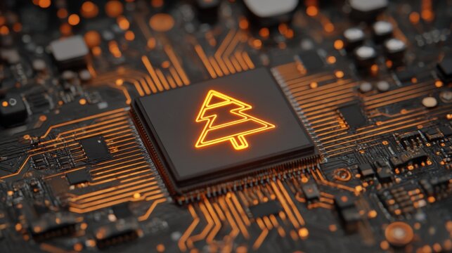 digital glowing tech christmas tree on blue computer tech background