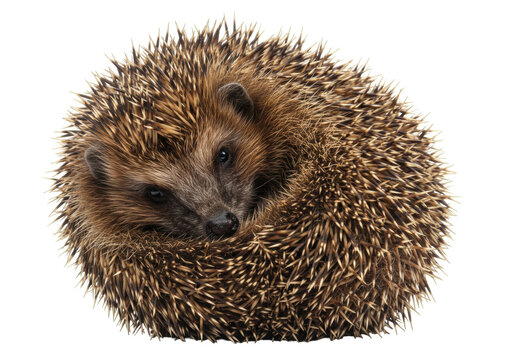 Isolated curled up hedgehog, close-up portrait of cute wild spiny mammal, adorable animal