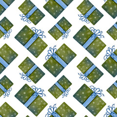 Seamless pattern with festive green boxes and a blue ribbon. Hand-drawn watercolor illustration. Perfect for holiday decor, cards, and fabric.