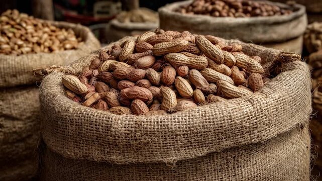 Burlap sacks filled with peanuts are stacked with peanuts in a rustic market setting. The burlap grains contrast with the peanuts, enhancing the organic feel of the peanuts.