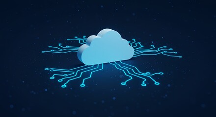 Cloud computing concept illustration with network circuit lines on a dark blue background
