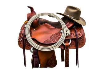 Western cowboy saddle with lasso and hat isolated on transparent background
