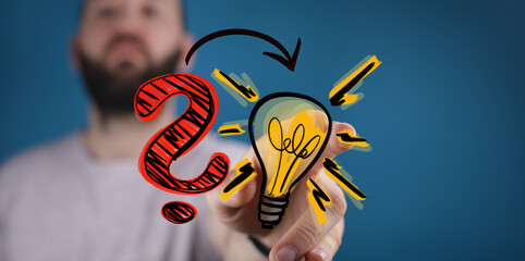 Man discovers solution, question mark transforms into lightbulb.  Innovation, problem-solving concept.
