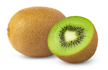 Ripe whole green kiwi fruit and half isolated.