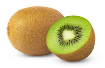 Ripe whole green kiwi fruit and half isolated.