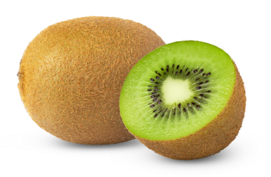 Ripe whole green kiwi fruit and half isolated.