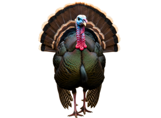 Male wild turkey displaying its tail feathers isolated on transparent background