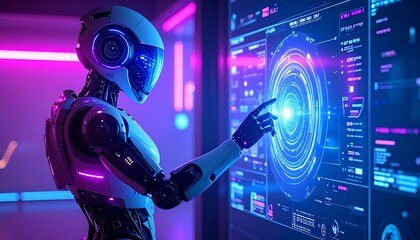 Futuristic robot interacting with advanced digital interface in vibrant modern laboratory
