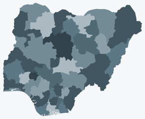 Map of Nigeria with regions. Just a simple country border map with region division. Blue grey color palette. Blank Federal Republic of Nigeria shape with administrative division. Vector illustration.