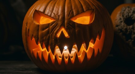 Glowing carved pumpkin halloween decoration with dramatic lighting