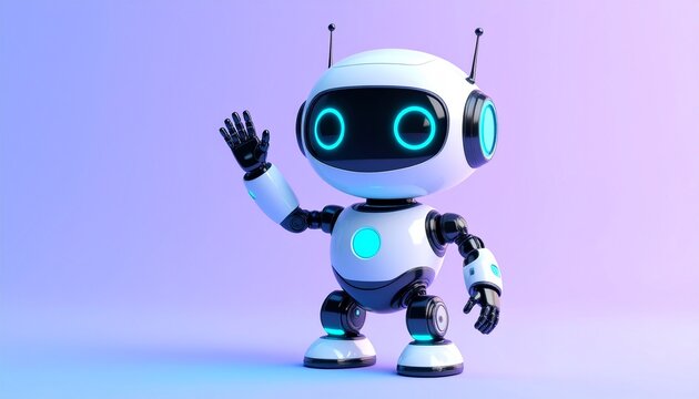 Friendly futuristic robot waving hello against a vibrant purple and blue gradient backdrop