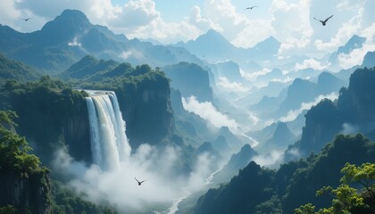 Rainbow mist in the air, majestic waterfalls cascading from floating mountains, and flying creatures circling overhead.