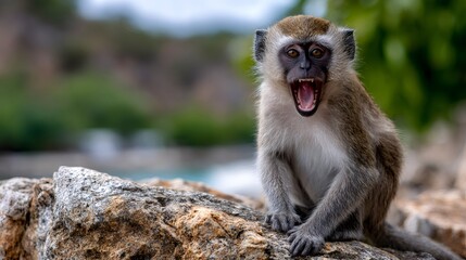 Fototapeta premium Wild vervet monkey showing open mouth on rock
