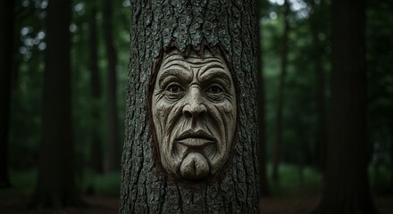 Tree face carving in forest depicting human expression