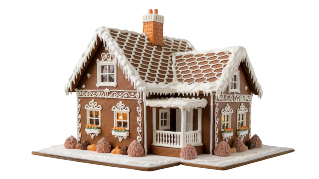 Detailed gingerbread house with white icing snow and icicles isolated on transparent background