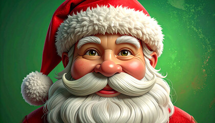 Santa with red hat and fluffy white beard and mustache on green background, 3d illustration