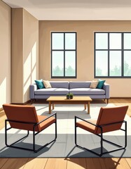 Fototapeta premium Bright modern living room with soft sofa and sunlit window seating